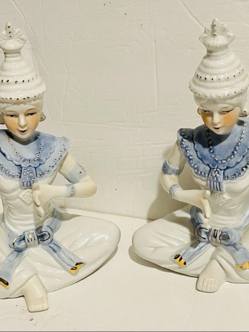 Vintage Porcelain Meditative Figurine Pair - White & Light Blue
